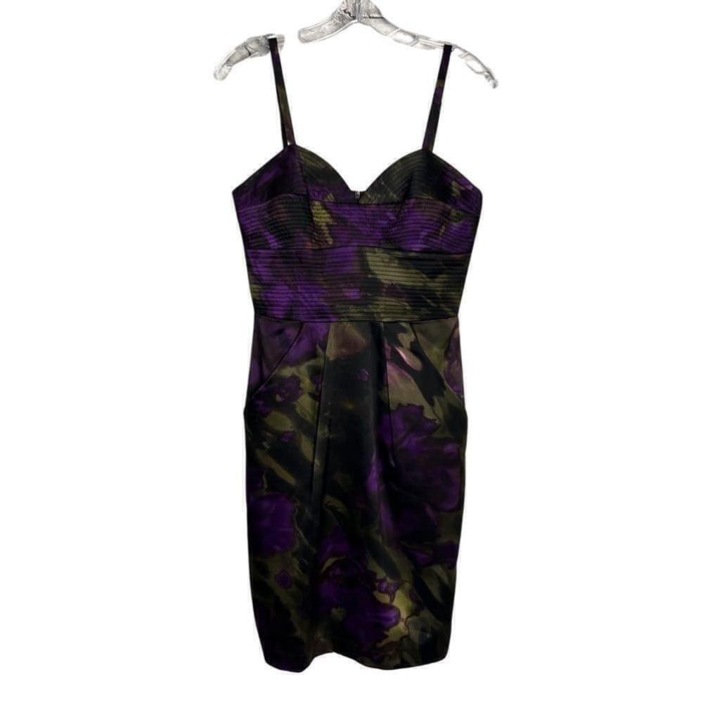 Vintage 90s Black Purple Floral 100% Silk Corset Cocktail Bodycon Party Dress - Picture 1 of 12